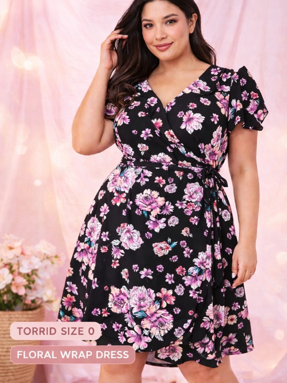 Torrid Floral Wrap Dress Black Pink Fit & Flare Size 0 Plus‎